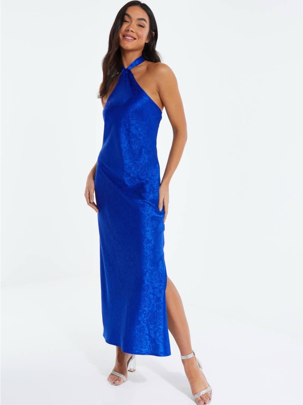 NWT QUIZ Satin Jacquard Halter Neck Slit Maxi Dress Size 10 US